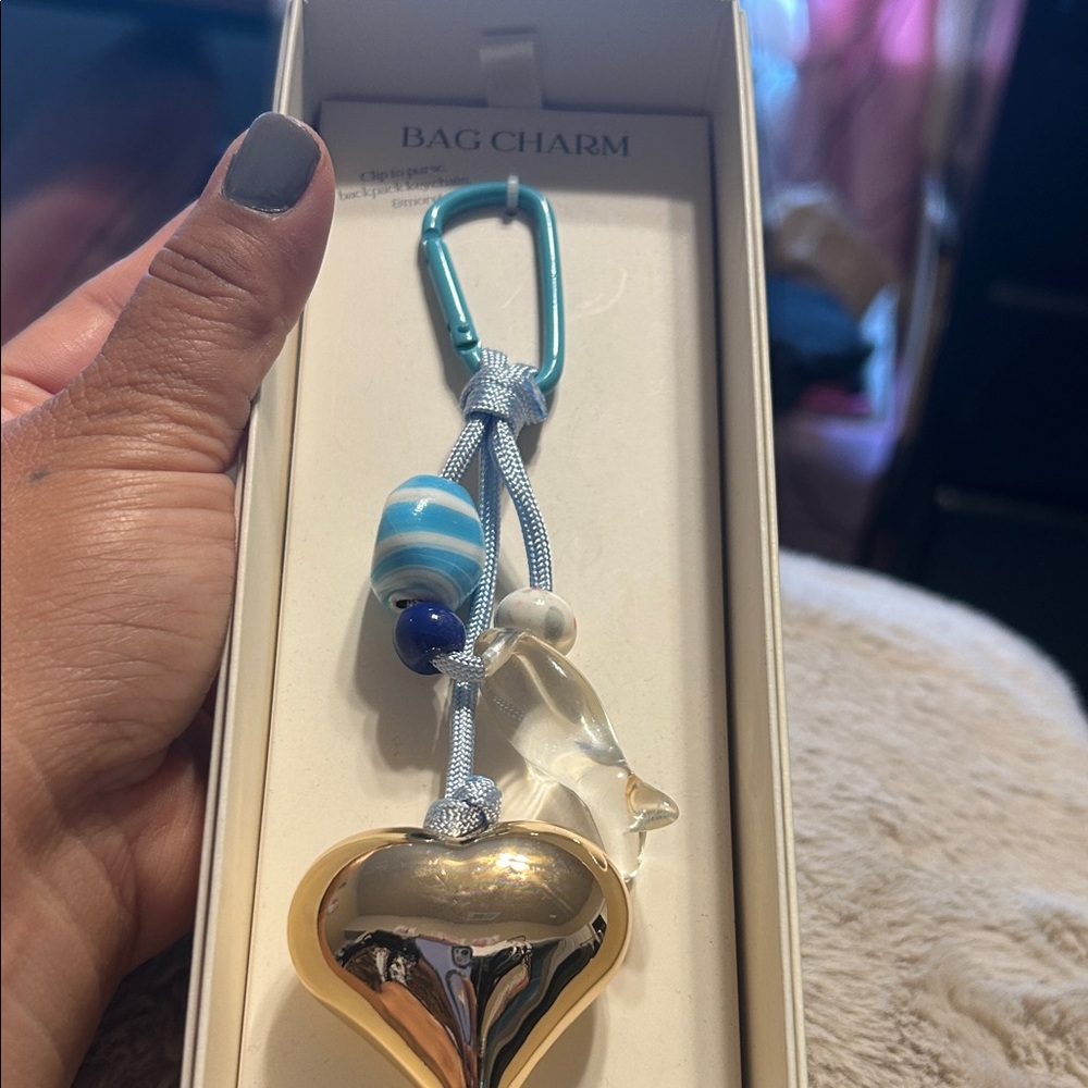 Gold and Silver Heart Bag Charm with Blue Accents